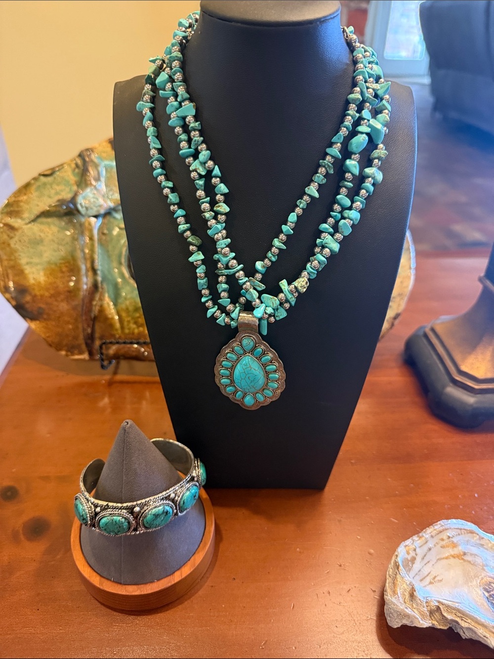 Turquoise Multi-Strand Pendant Necklace and Bracelet Set - Women Jewelry